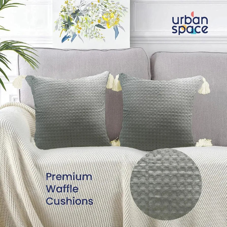 Urban Space Waffle Cotton Cushion Cover Set of 2 Cushion Covers for Sofa, Bedroom, Living Room Waffle Cool Grey