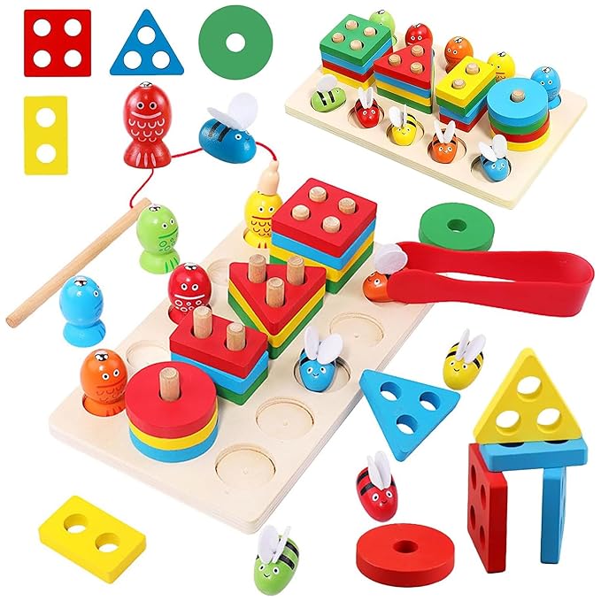 Kidology Montessori Toys for 1+ Year Old Wooden Shape Sorting & Toddler Fishing Toys