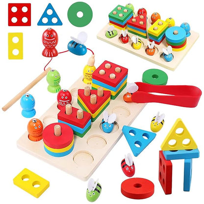 Kidology Montessori Toys for 1+ Year Old Wooden Shape Sorting & Toddler Fishing Toys