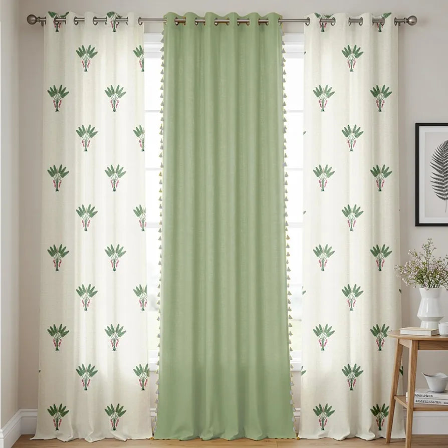 Urban Space Cotton Curtains for Door Combo Set of 3 Room Darkening Curtains for Home Decor Palm Lagoon Green & Aura Green