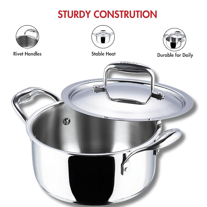 Vinod Platinum Triply Stainless Steel Saucepot With Lid | 3 Litres | 20 Cm | 2.5mm Thick
