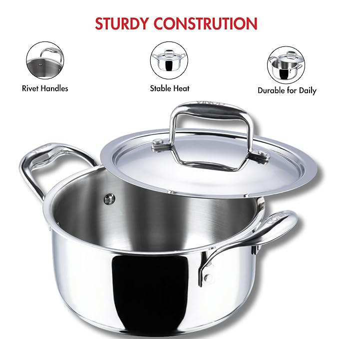 Vinod Platinum Triply Stainless Steel Saucepot With Stainless Steel Lid 4 Litres Capacity | 22 Cm Diameter | With Riveted Handles | Silver