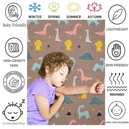 Fresh Form Loom Wrinkle Free Glace Cotton 300 TC Elastic Fitted Bedsheet For Kids With 2 Pillow Cover Rosy Dinosaur Rosy