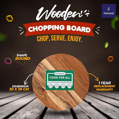 Femora Vegetable Acacia Wood Chopping Board Anti Bacterial Seasoned With Organic Mineral Oil Round Shape | 30 X 20 Cm