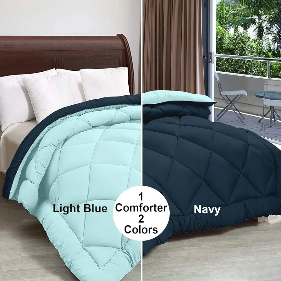 Cloth Fusion Reversible AC Comforter Single Bed Soft Microfibre Quilt Blanket for Winter Navy & Light Blue