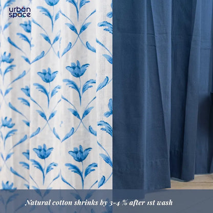Urban Space Floral Cotton Curtains For Door Combo Set Of 3 Room Darkening Curtains For Home Decor Water Lily Blue & Aura Indigo