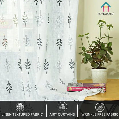 Homadorn Linen Sheer Printed Semi Transparent Curtains for Window Set of 2 Black Foliate