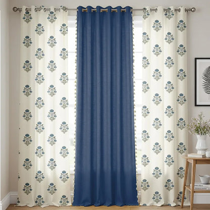 Urban Space Cotton Curtains for Door Combo Set of 3 Curtains 7 feet Long Room Darkening Curtain Tieback & Eyelets Included with Curtains Liberty Blue & Aura Indigo