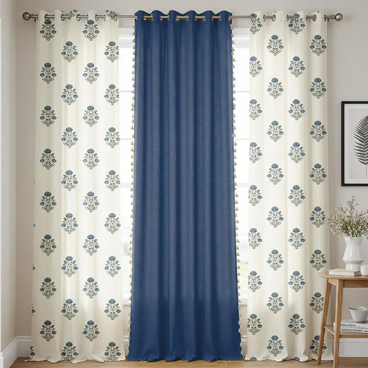 Urban Space Cotton Curtains for Door Combo Set of 3 Curtains 7 feet Long Room Darkening Curtain Tieback & Eyelets Included with Curtains Liberty Blue & Aura Indigo