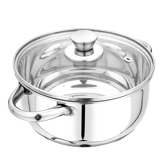 Pristine Tri Ply Sandwich Induction Base Cooking Essential Stainless Steel Casserole with Knob Glass Lid - 1500 gms