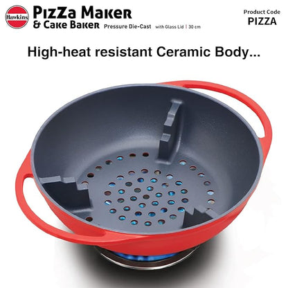 Hawkins Diecast 30 cm Nonstick Pizza Maker and Cake Baker with Glass Lid