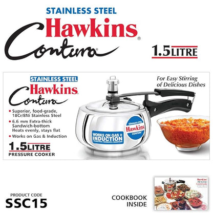 Hawkins Stainless Steel Contura Induction Compatible Inner Lid Pressure Cooker, 1.5 Litre, Silver