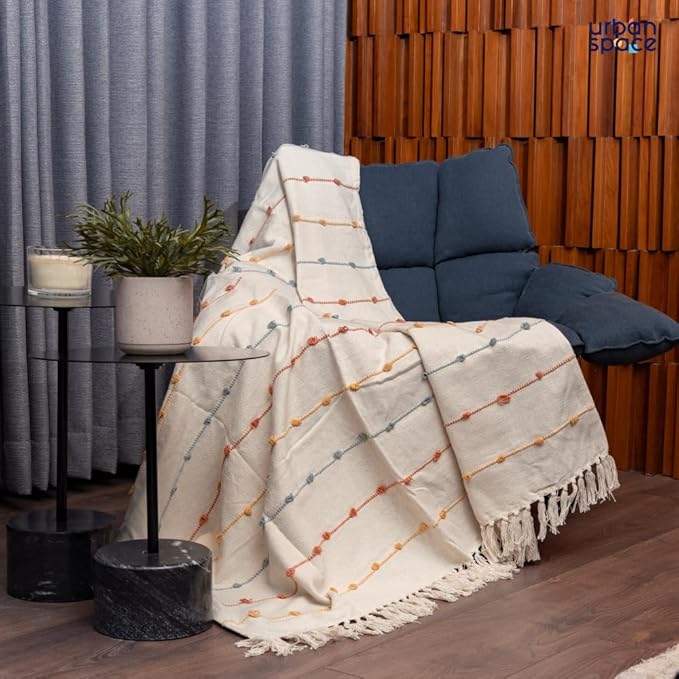 Urban Space Handmade Pure Cotton Sofa Throw Blanket Colour Boho White
