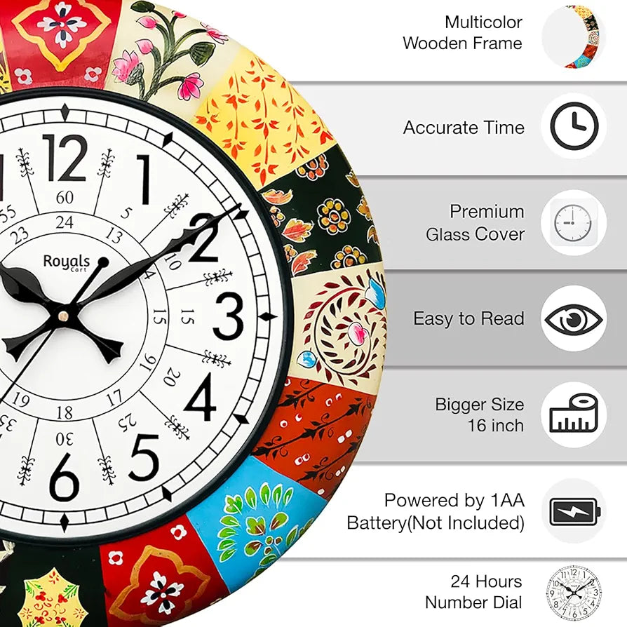 RoyalsCart Handcrafted Decorative Wall Clock with Morden Painting Multicolour Wooden Clock [KTWC186N] Multicolour Elegant Painting