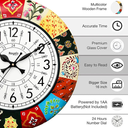 RoyalsCart Handcrafted Decorative Wall Clock with Morden Painting Multicolour Wooden Clock [KTWC186N] Multicolour Elegant Painting