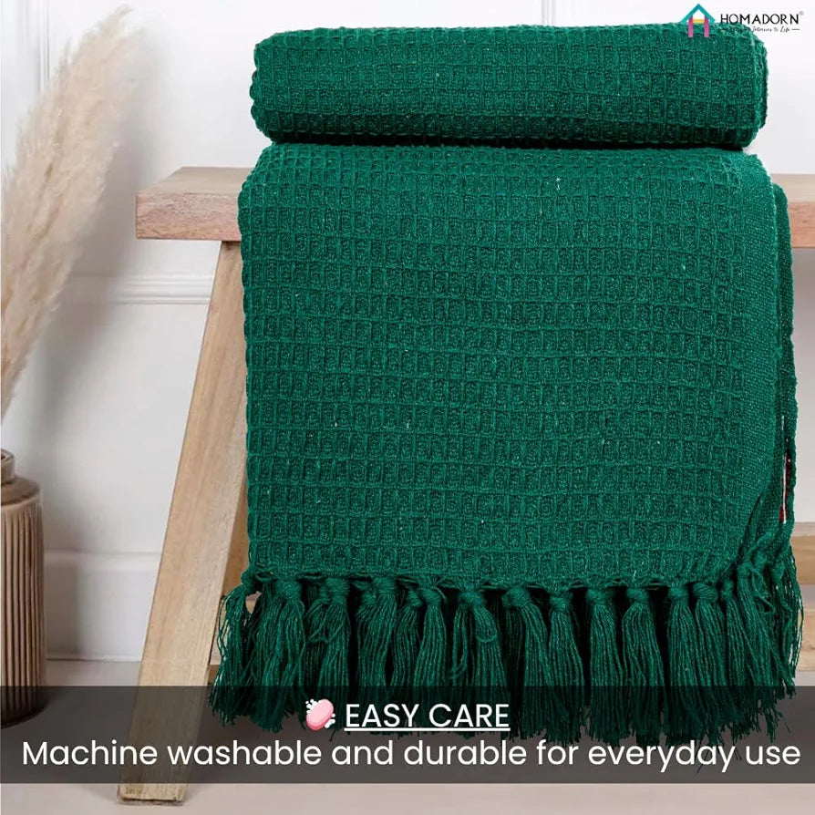 Homadorn Waffle Weave Cotton Throw Blanket Colour Bottle Green