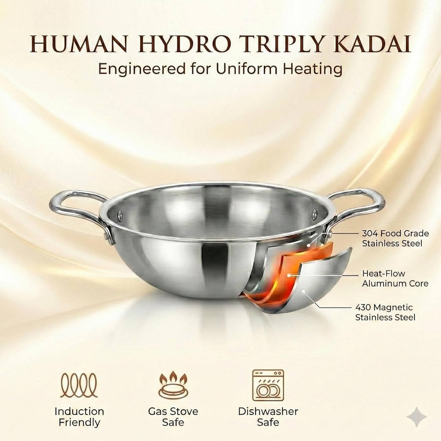 Human Hydro Tri-Ply Stainless Steel Kadai 24cm 2.8L No Lid Induction Gas