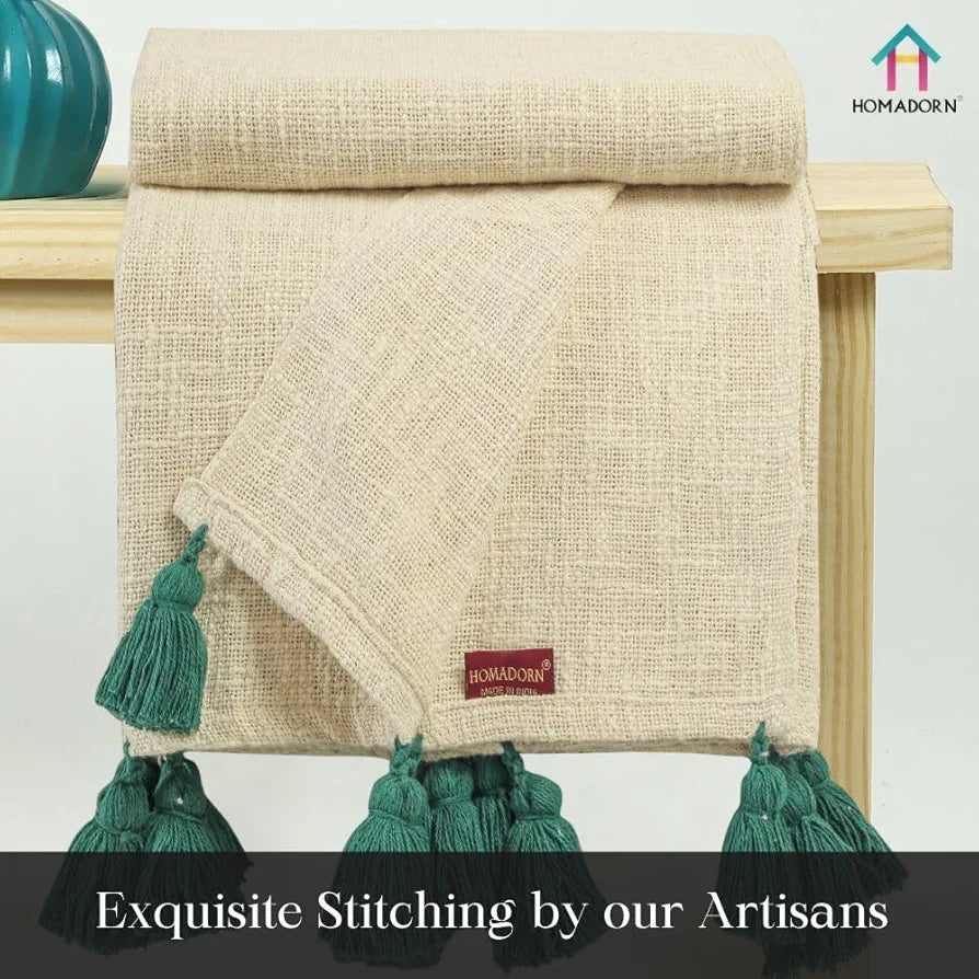 Homadorn TC 250 100% Cotton Off White Throw Blanket with Handmade Colorful Tassel Colour Bottle Green