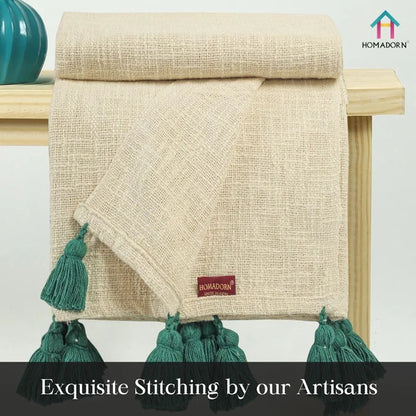 Homadorn TC 250 100% Cotton Off White Throw Blanket with Handmade Colorful Tassel Colour Bottle Green