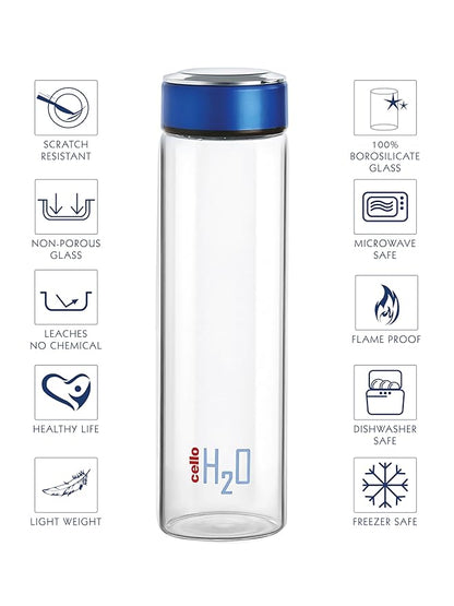 Cello H2o Borosilicate Glass Water Bottle | 600 ml | Blue