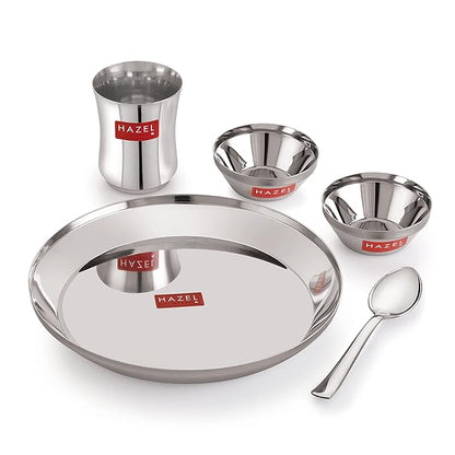 Hazel Stainless Steel Dinner Set for Kids Baby Dinner Set Combo of Steel Plate Glass Bowl & Spoon