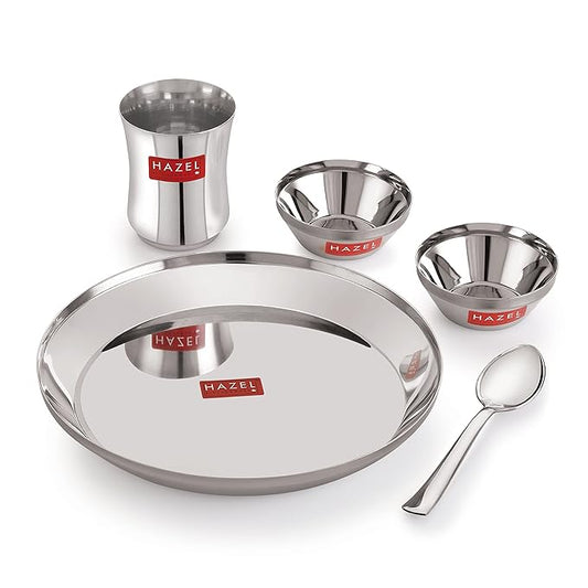 Hazel Stainless Steel Dinner Set for Kids Baby Dinner Set Combo of Steel Plate Glass Bowl & Spoon