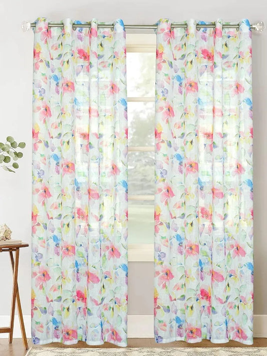 Homadorn Linen Sheer Printed Semi Transparent Curtains for Window Set of 2 Multi Watercolor