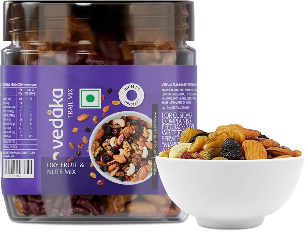 Amazon Brand - Vedaka Dry Fruits and Nuts Mix, 200 gm Pouch | Almond, Cashew, Walnut, Pistachio, Cranberry and Raisin | Healthy Snacking 