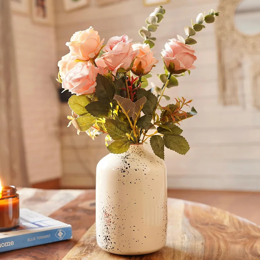 Behoma Metal Flower Vase Off White Spotted Flowers not Included