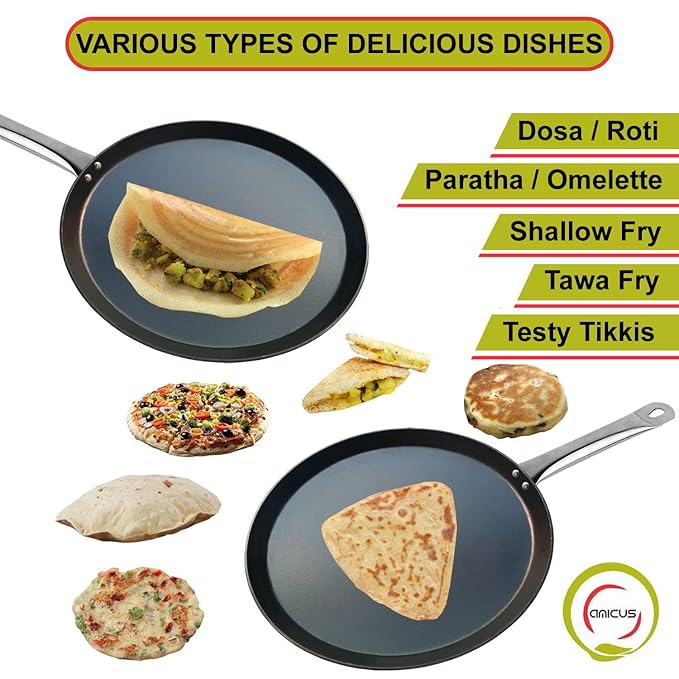 Amicus Preseasoned 26 Cm Iron Tawa for Dosa Roti Uttapam Chapati Flat Iron Tava 1 Kg Black