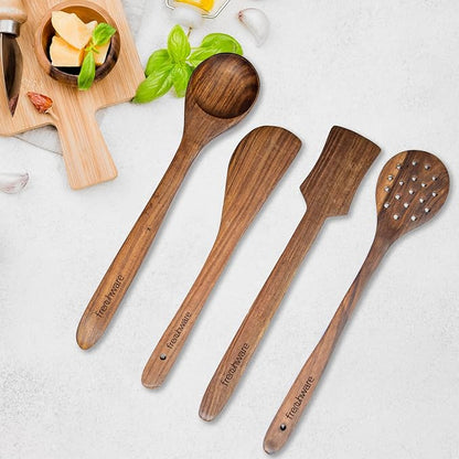Frenchware Set of 4, Brown | Pure Sheesham Wood Spoons and Spatula for Non Stick Cookware Used for Cooking, Baking & Mixing
