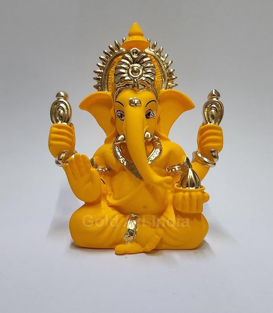 Gold Art India Handcrafted Mango Terracotta Ganesha with Golden Jewelry for Car Dashboard Home Office Decor