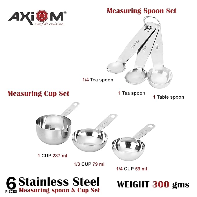 Axiom Stainless Steel Cup and Spoon Set of 6 Pieces 3 Measurement Spoons 3 Measurement Cups