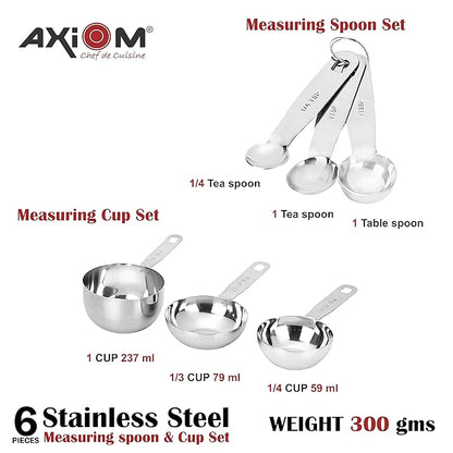 Axiom Stainless Steel Cup and Spoon Set of 6 Pieces 3 Measurement Spoons 3 Measurement Cups