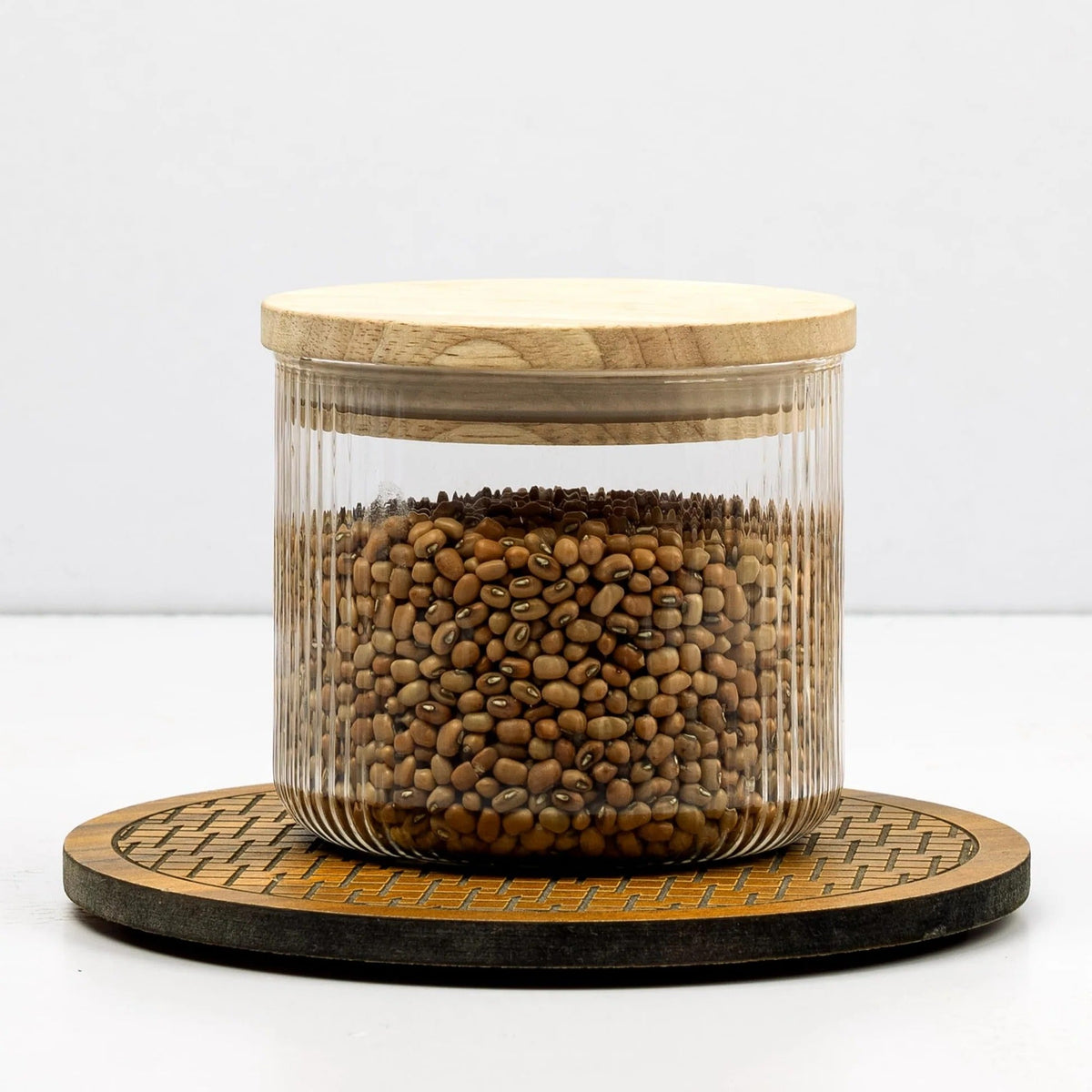 Anko 300ml Borosilicate Ribbed Glass Jar | Airtight | Rubberwood Lid | Set of 1