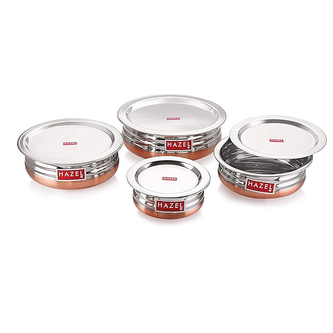 Hazel Copper Bottom Urli Handi Set with Lid Cover Stainless Steel Cookware Set Of 4 Serving Cooking