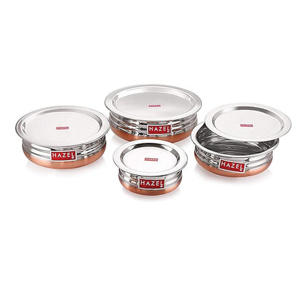 Hazel Copper Bottom Urli Handi Set with Lid Cover Stainless Steel Cookware Set Of 4 Serving Cooking