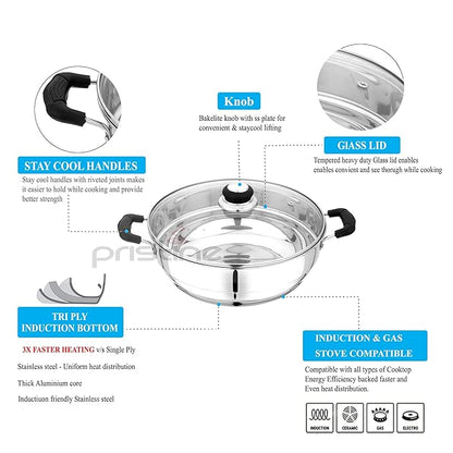 Pristine Stainless Steel Try Ply Induction Base Multi-Purpose Kadai with Lid and 5 Plates 2 Idli Plates 2 Dhoklas Patra Plates