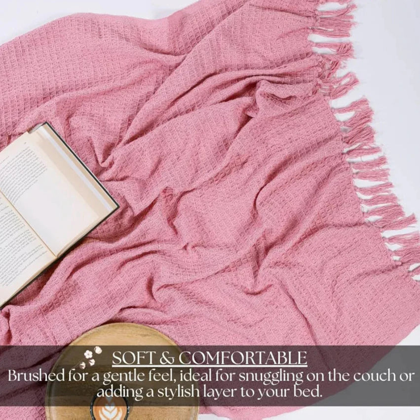 Homadorn Waffle Weave Cotton Throw Blanket Colour Pink