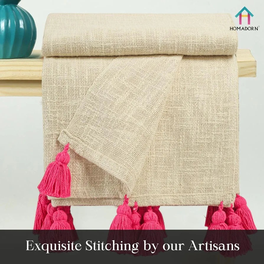 Homadorn 100% Cotton Off White Throw Blanket with Handmade Colorful Tassel Colour Pink