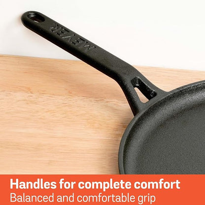 Meyer Pre-Seasoned Cast Iron Flat Dosa|Roti|Chapati Tawa Pan with Stick Handle 28cm|Black