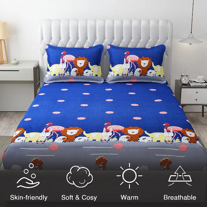 Fresh From Loom Elastic Fitted Cartoon Printed Bedsheets for Kids with 2 Pillow Jungle Blue Double Bed 300 TC