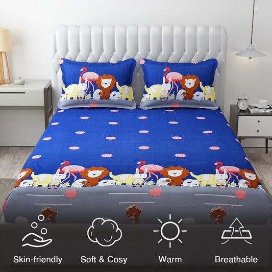 Fresh From Loom Elastic Fitted Cartoon Printed Bedsheets for Kids with 2 Pillow Jungle Blue Double Bed 300 TC