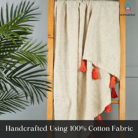 Homadorn 100% Cotton Off White Throw Blanket with Handmade Colorful Tassel Colour Orange