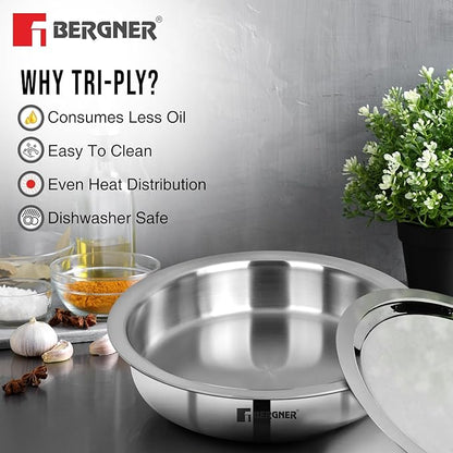 Bergner Argent Triply 24 Cm Shallow Cauldron Tope Langri | 2.6 L Capacity | Stainless Steel Lid