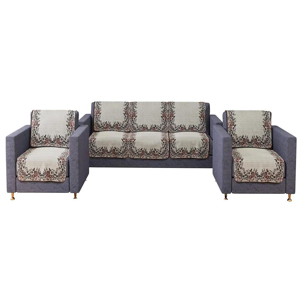Kuber Industries Sofa Cover Set 5-Seater Couch Cover Brown Gulab Border Crown Sofa Cover Cream
