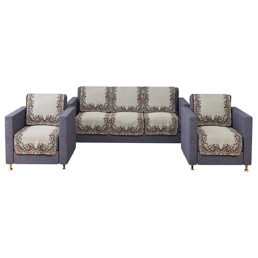 Kuber Industries Sofa Cover Set 5-Seater Couch Cover Brown Gulab Border Crown Sofa Cover Cream