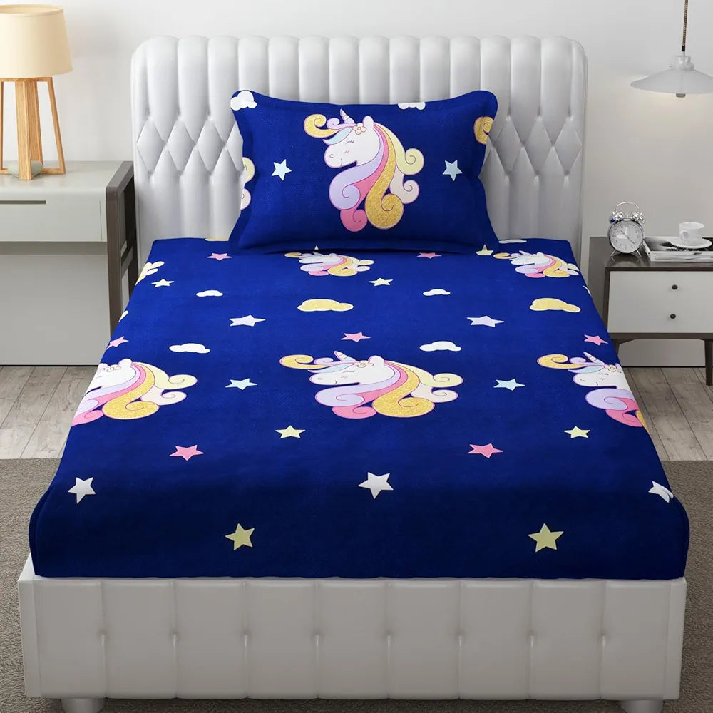 Fresh From Loom 300 TC Elastic Fitted Bed Sheet Cartoon Printed Bedsheets For Kids With 1 Pillow Cover Dinosaur Blue Smallsingle
