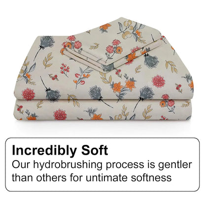 Fresh From Loom Floral Print 240 TC Microfiber King Size Fitted Bedsheet Set with 2 Pillow Covers Pastel Cream