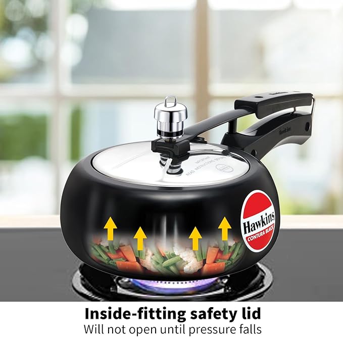 Hawkins 3 Litre Contura Black Pressure Cooker Hard Anodised Inner Lid Handi Cooker Black